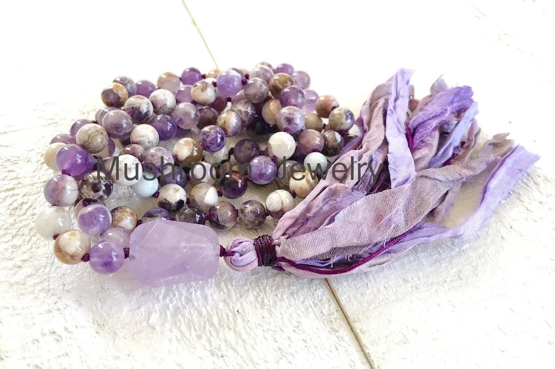 Free Shipping Semi Precious Amethyst Purple Stone Beads Sari SILK Tassel Mala Beads 108 Necklace Mala Gift For Mom