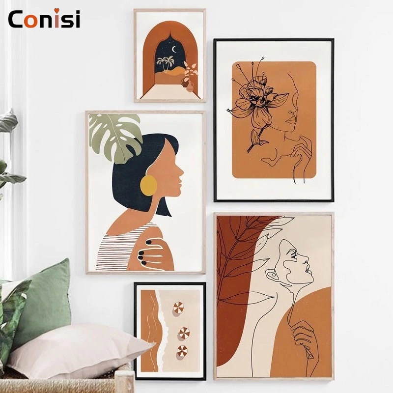 

Abstract Line Girl Flower Leaf Plant Beach Nordic Posters Prints Wall Art Canvas Painting Wall Pictures For Living Room Decor