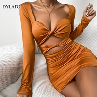 orange red v neck slim summer dress women long sleeve sexy cut out dress 2021 femme y2k pleated hollow out a line dress party