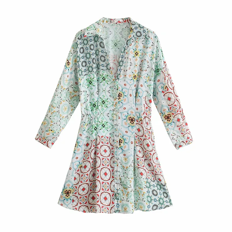 

Женское винтажное платье-рубашка с принтом, длинным рукавом и пуговицами на спине