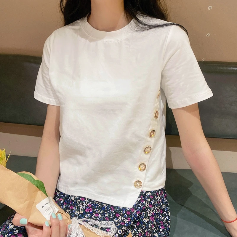 

Korean Ins Hipster O-neck Button Ladies Tops Solid Summer New Short Sleeve T Shirt for Women Clothing Causal Slim Tees Fashion