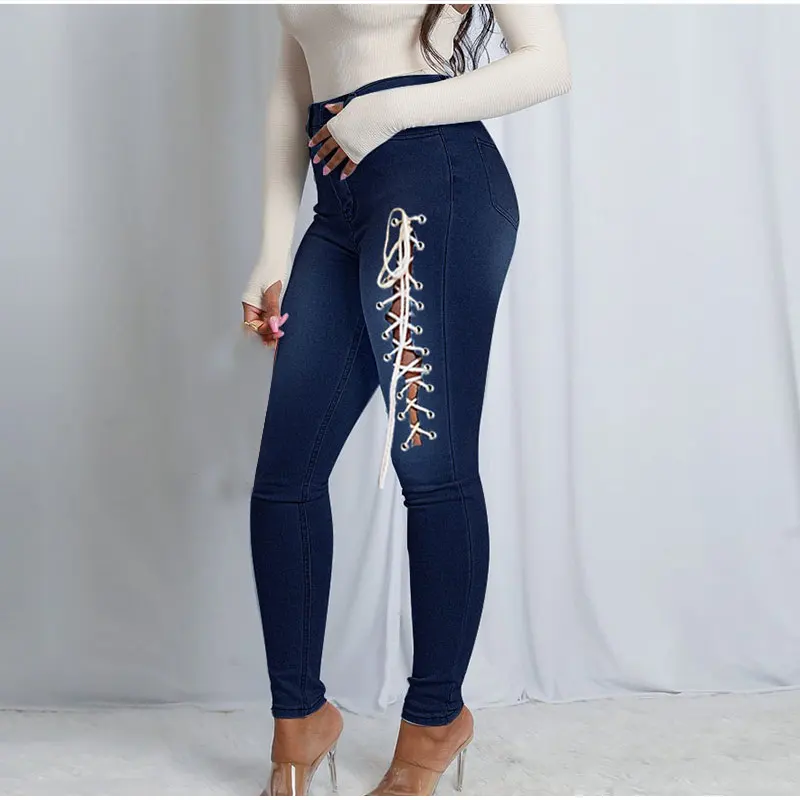 

Summer High Waist Hollow Out Skinny Jeans Women Vintage Bandage Ripped Denim Pants Street Aesthetic Stretch Lace Up Pencil Jean