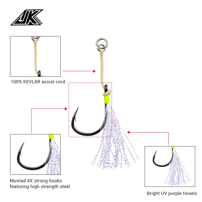 JK PAS-B Fishing Single Assist Hook Set 3/0 5/0 7/0 8/0 9/0 10/0 Fishhook Hooks  Boat Fishing Accessories