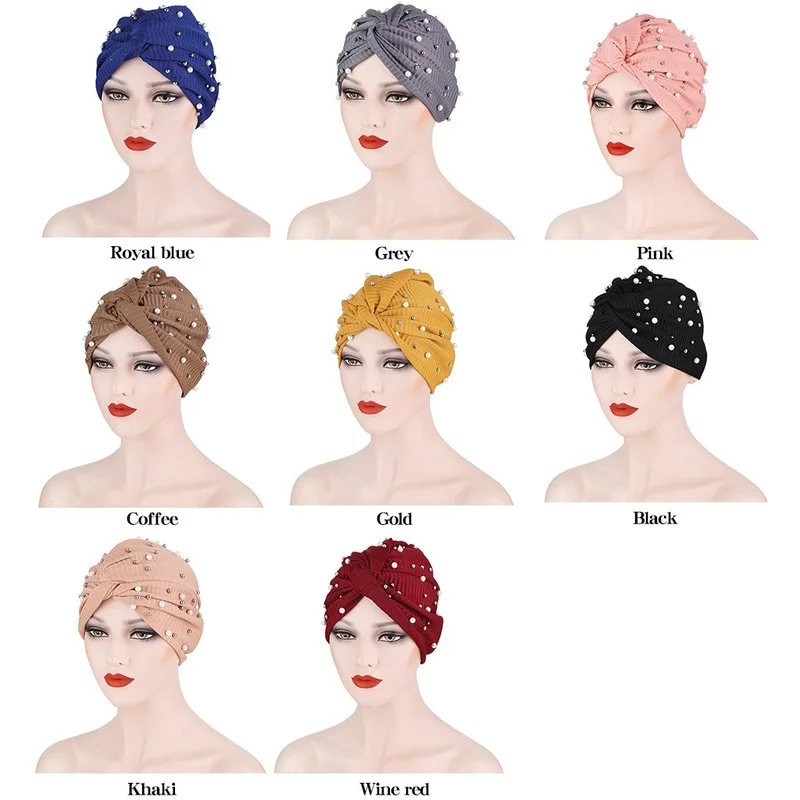

CharmGo Beading Turban Caps for Women Twisted Head Wraps Muslim Head Scarf Female Beanie Islamic Clothing Accessories