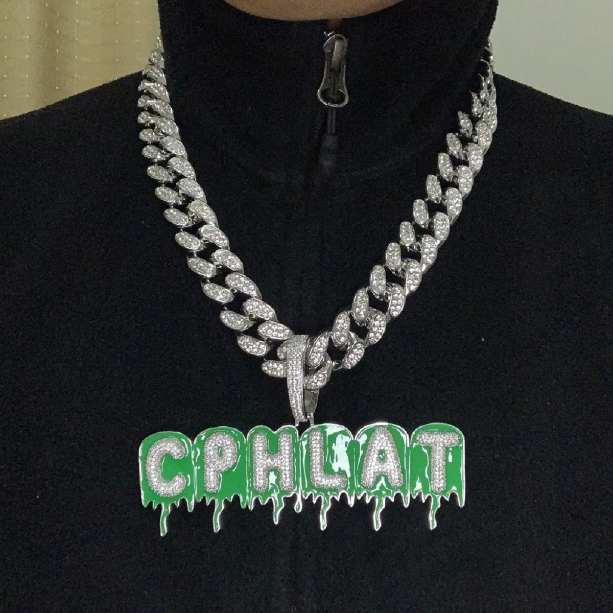 

A-Z Custom Name Green Bubble Letters Pendant & Necklace Charm Men's CZ Hip Hop Jewelry Gold Silver With 20mm Cuban Chain