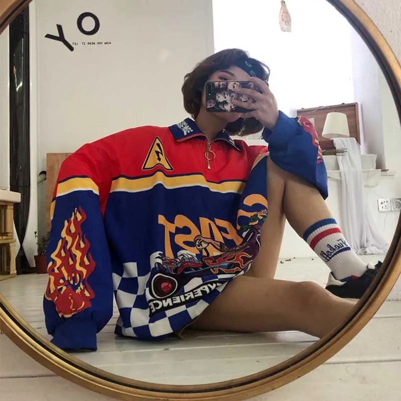 NiceMix женские трендовые Топы новые Ins Harajuku стиль принт пламя Свободный свитшот повседневные большие толстовки хип-хоп мода
