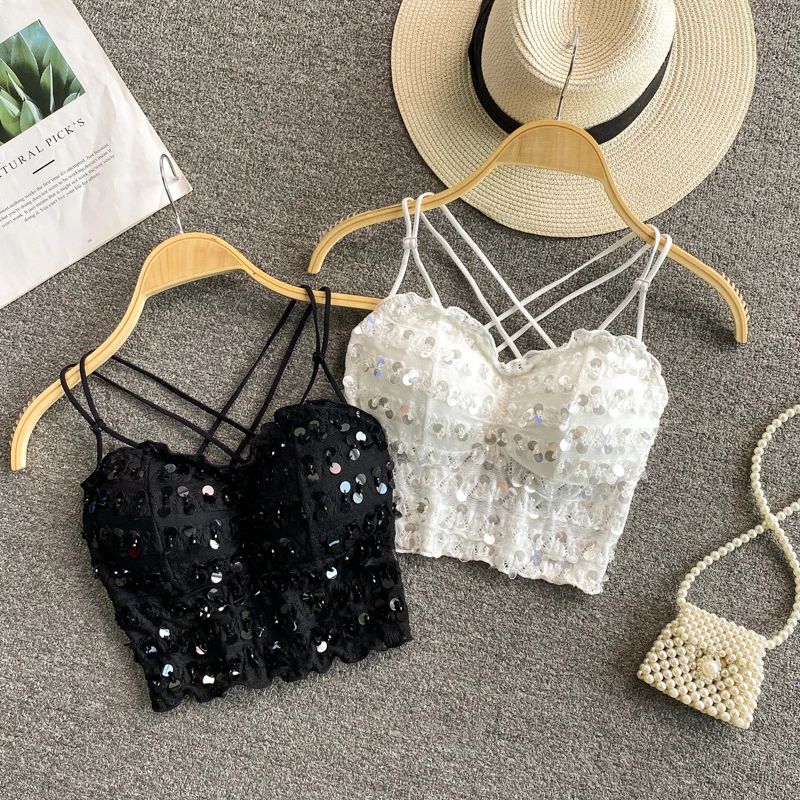 

Crop Tops for Women Sexy Tank Appliques SHORT Blended Camis Solid High Street Three-dimensional Decoration Summer Hollow Out