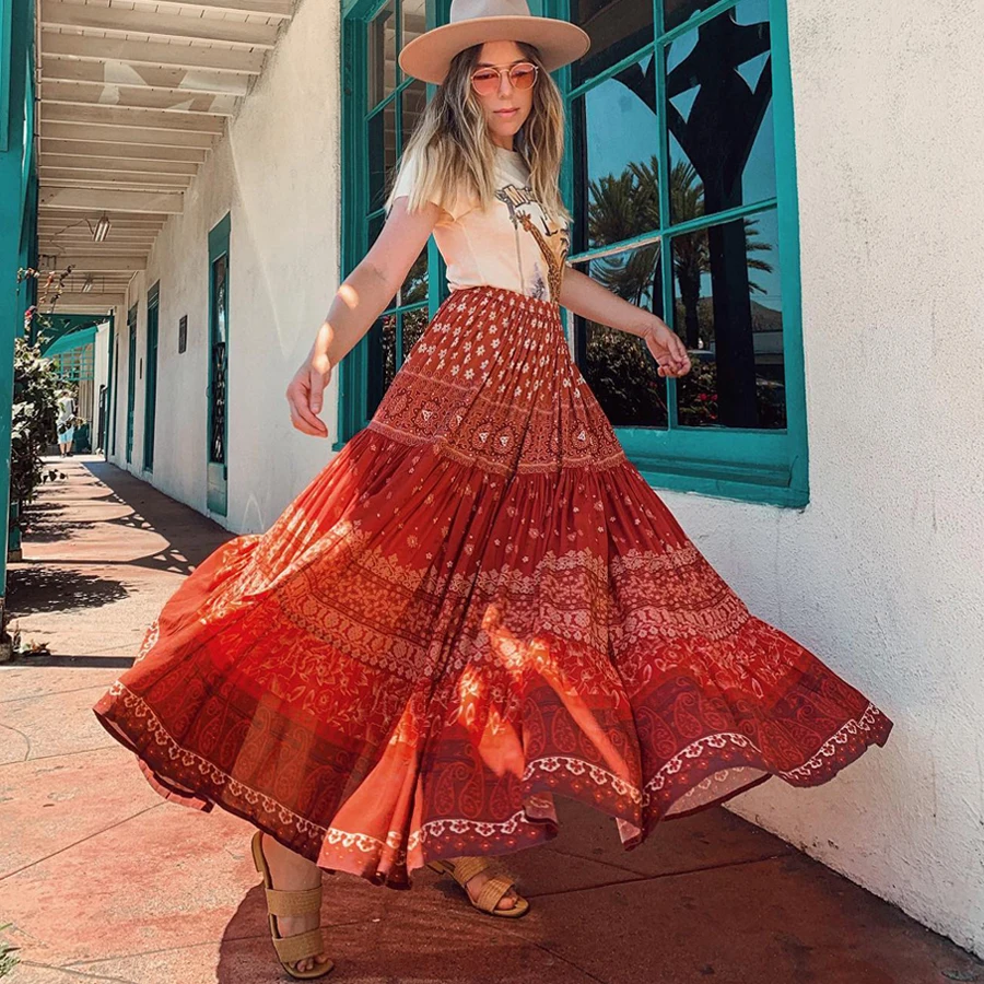 KHALEE YOSE Цветочные Boho макси юбки красные женские летние 2019 хлопоковая длинная юбка