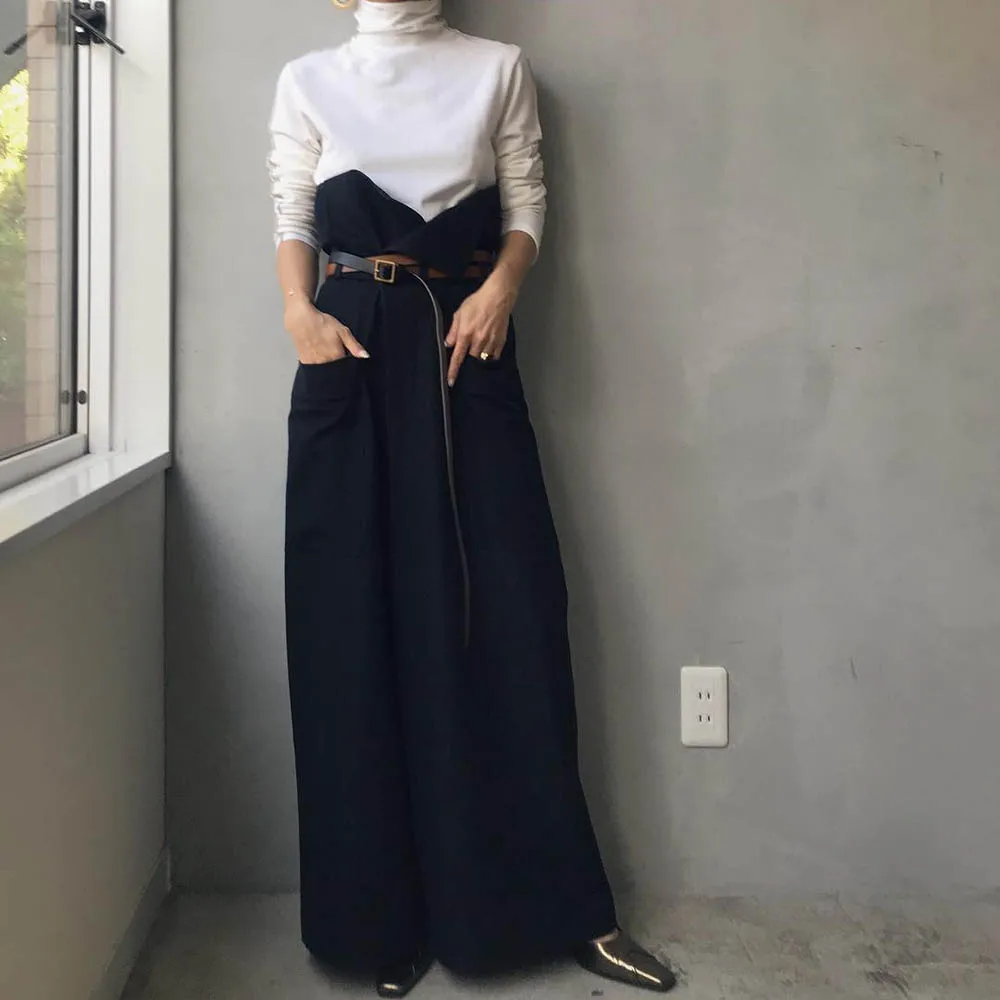 

Loose Wide Legs Jumpsuit Women Korean Elegant Pocket Decor Fashion Rompers High Waist Plain Long Pants Ladies Casual Trousers