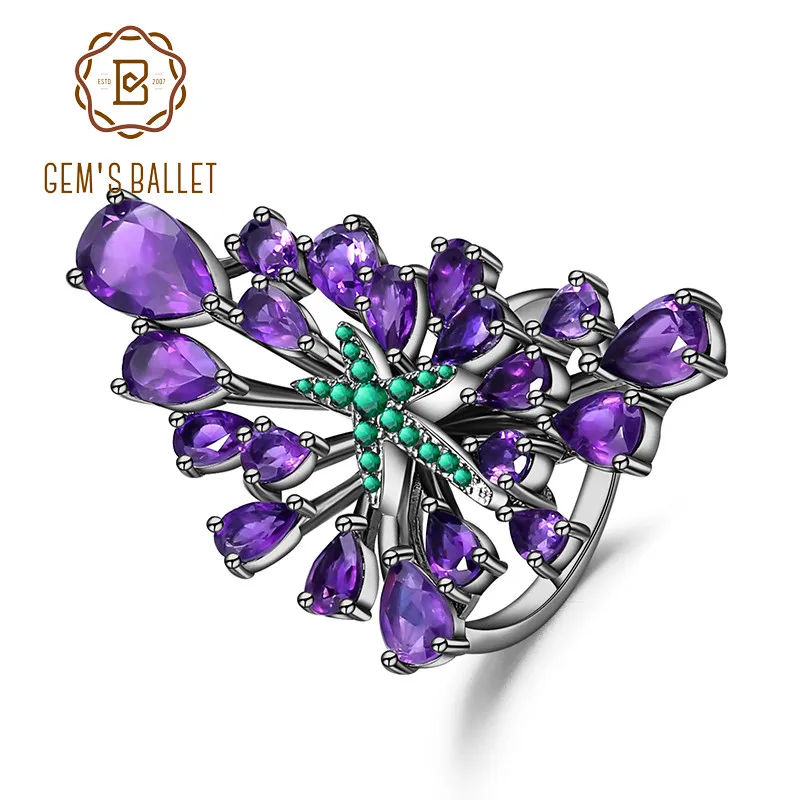 GEM'S балетное 925 пробы Серебряное винтажное готическое зеленое Звездное кольцо 6.18Ct Натуральный Аметист Фиолетовый драгоценный камень коктейльное кольцо для женщин