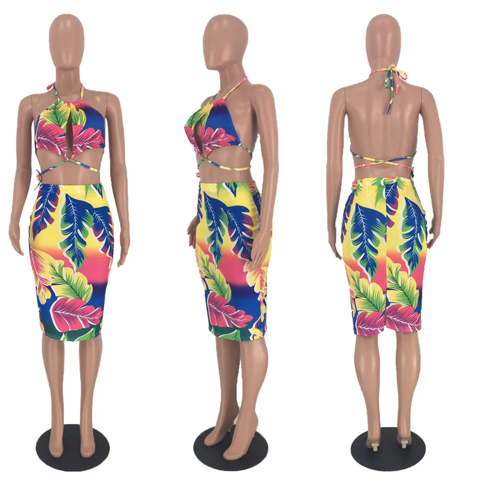 

PinePear 2020 Leaf Print Summer Beach Dress Women Sexy Bra Halter Crop Top Skirt 2 Piece Set Clubwear Club Outfits Drop Shipping