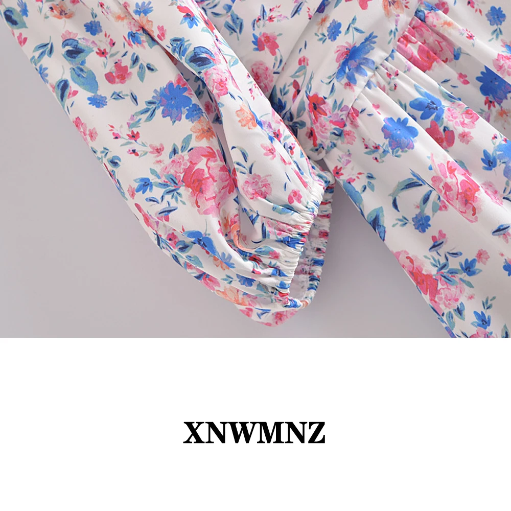 

XNWMNZ 2021 Sexy Lace Trim Print Floral Dress Women Puff Sleeve A Line Mini Holiday Party Dresses Female Summer Chic Vestidos