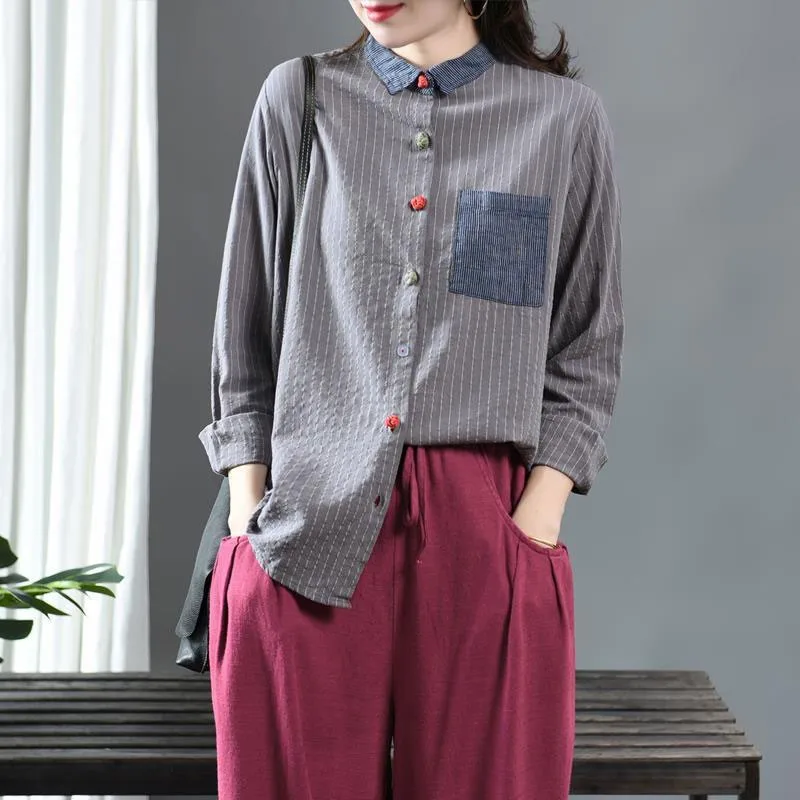 

2020 Spring New Arts Style Women Turn-down Collar Long Sleeve Shirts Vintage Striped Cotton Linen Casual Blouses Femme Tops M244