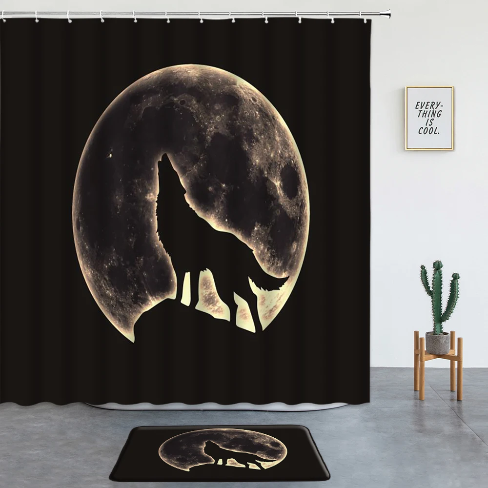 

Набор черных занавесок для душа с изображением волка и диких животных, коврики для ванной с изображением Луны и звездного неба, коврики для ...