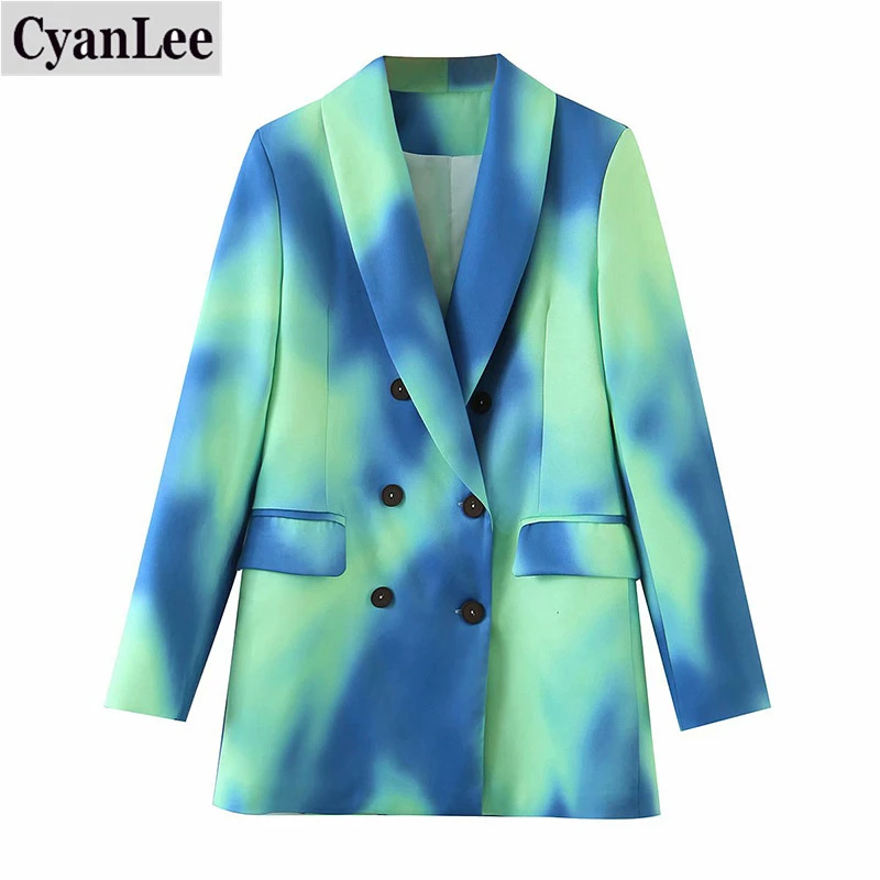 

Coat Women Tie-dye Hit Color Double Breasted Blazer New Lapel Long Sleeve Loose Jacket Fashion Tide Spring Autumn 2020 Tops