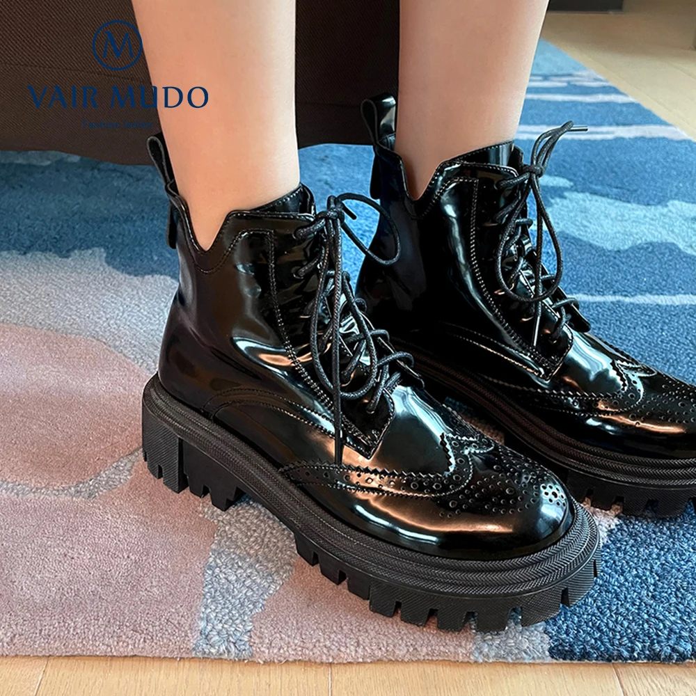 Murah VAIR MUDO Sepatu Bot Modis Musim Semi Musim Gugur Sepatu Wanita Hitam Putih Berenda Elegan Ringkas Sebaris Sepatu Ujung Bulat Wanita WM-X56