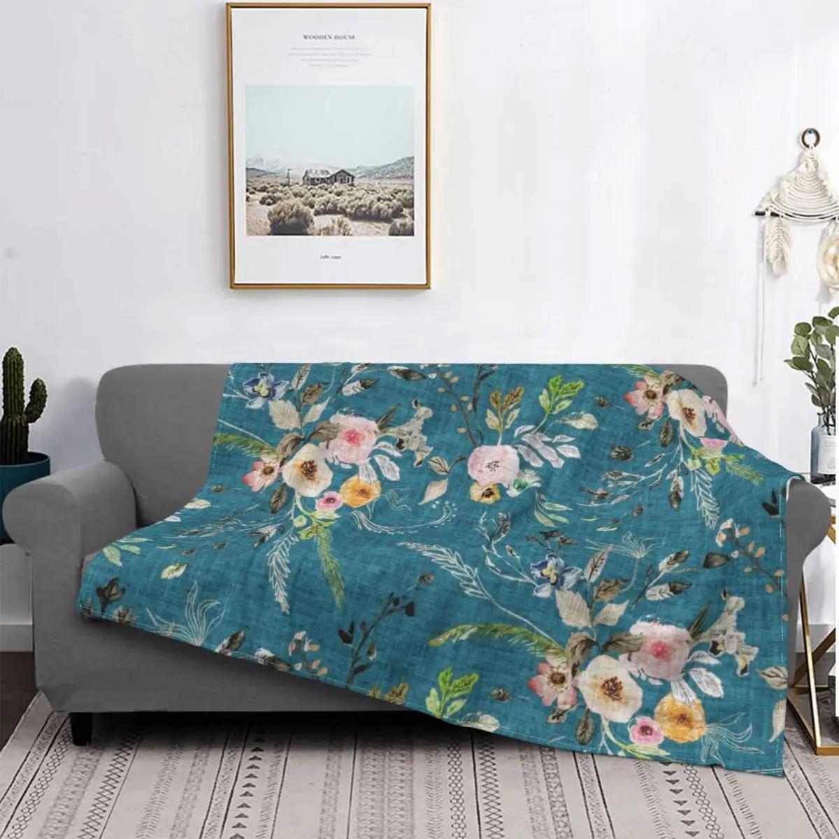 

La Bohemian Teal Floral Blanket Fleece Winter Portable Super Warm Throw Blankets for Sofa Office Bedspreads