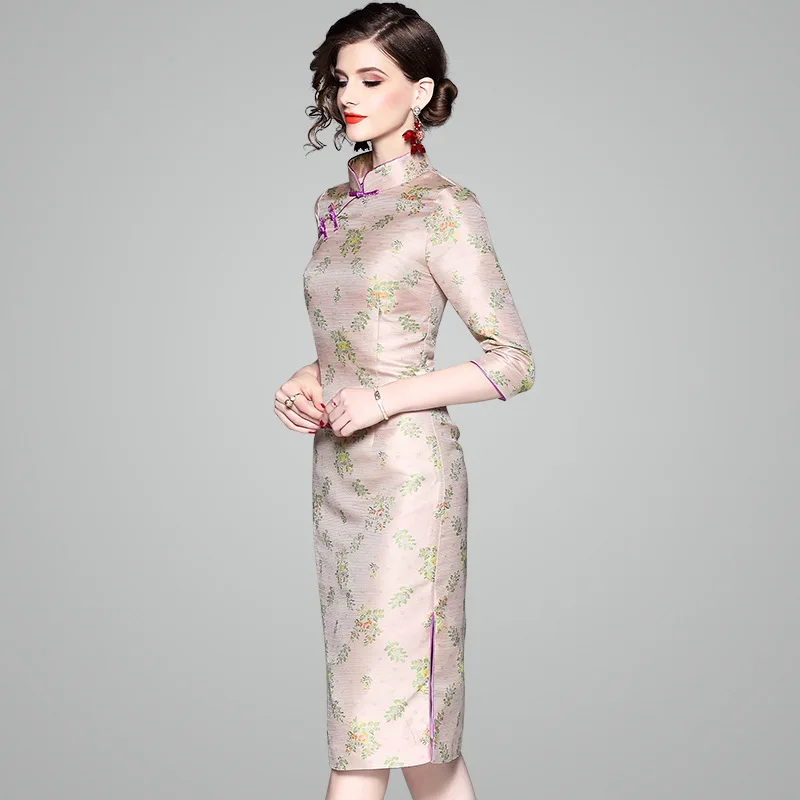 Новинка осени 2019 китайский стиль платье чонсам рукав до локтя цветочный узор