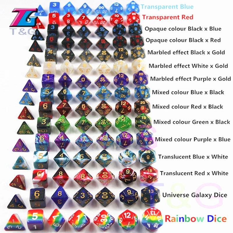 105 красочных игральных костей с черной сумкой T & G Rainbow 15 комплектов D4 D6 D8 D10 % D12 D20