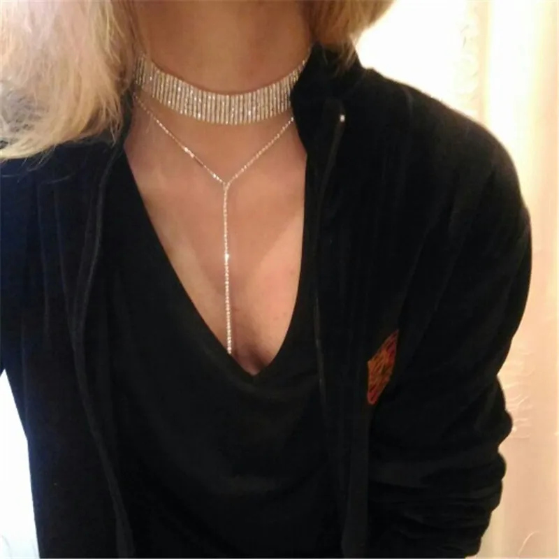 Длинное прозрачное ожерелье чокер со стразами женское с драгоценными камнями