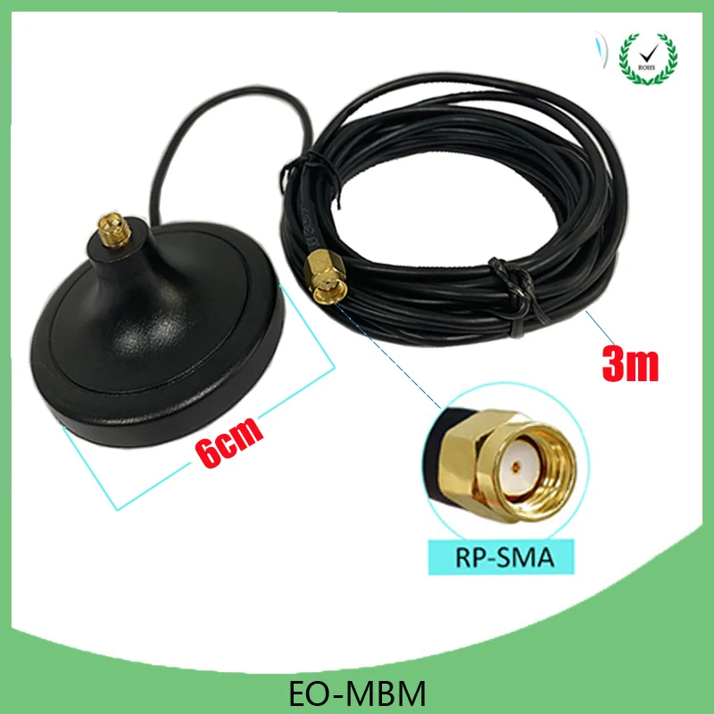 Антенна Wi-Fi Eoth RP-SMA штекер-гнездо с кабелем 3 м магнитное основание для