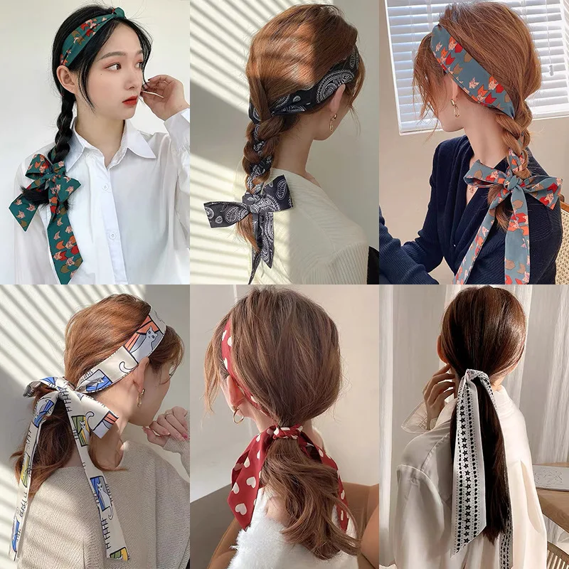 

printing Hairband Elegant Long Printed Silk scarf Hairband French Ladies Scarf Hair Accessories Fashion Ponytail Hair Scarf