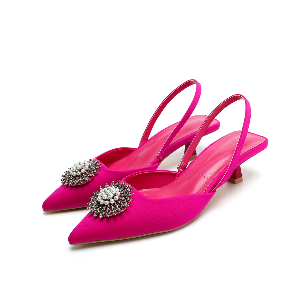 

Za New Women's Shoes Rose Red Black Shiny Rhinestone Pointed Sandals Low Heel Temperament Spring Summer Wedding Shoes