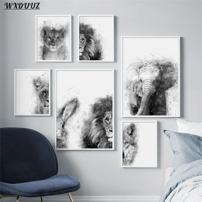 Скандинавский черно-белый художественный домашний декор картина льва волка