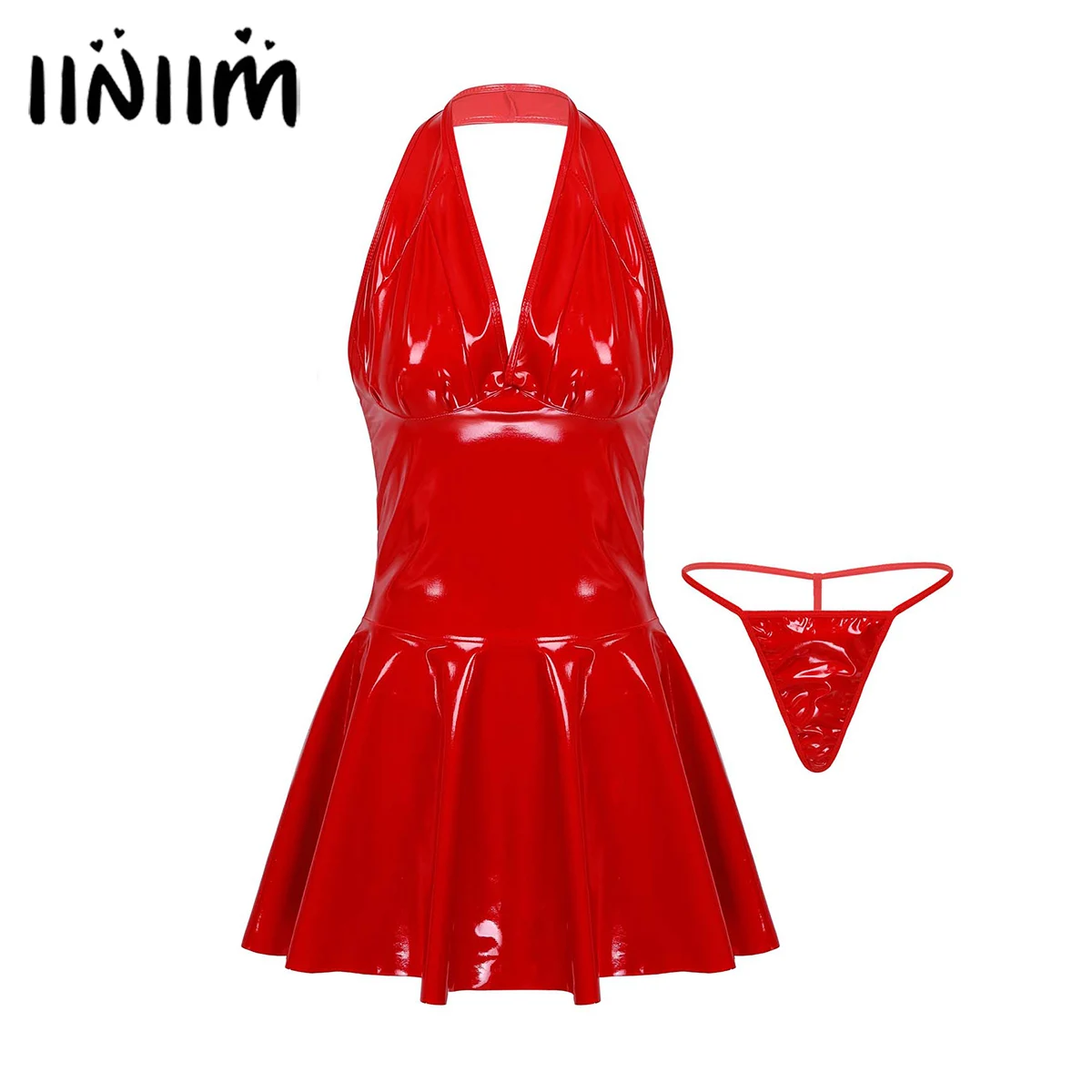 Womens Ladies Faux Leather Pleated Mini Dress Sleeveless Backless Wet Look Dress A-line Sexy Clubwear Costumes Cocktail Parties