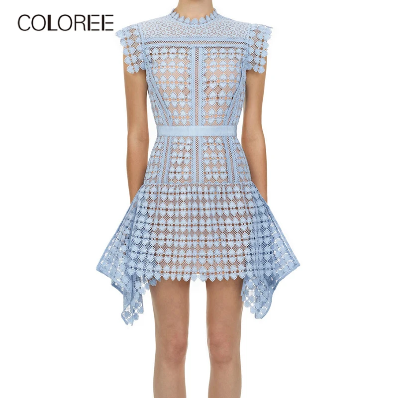 Женское кружевное ажурное платье голубое асимметричное дизайнерское мини лето