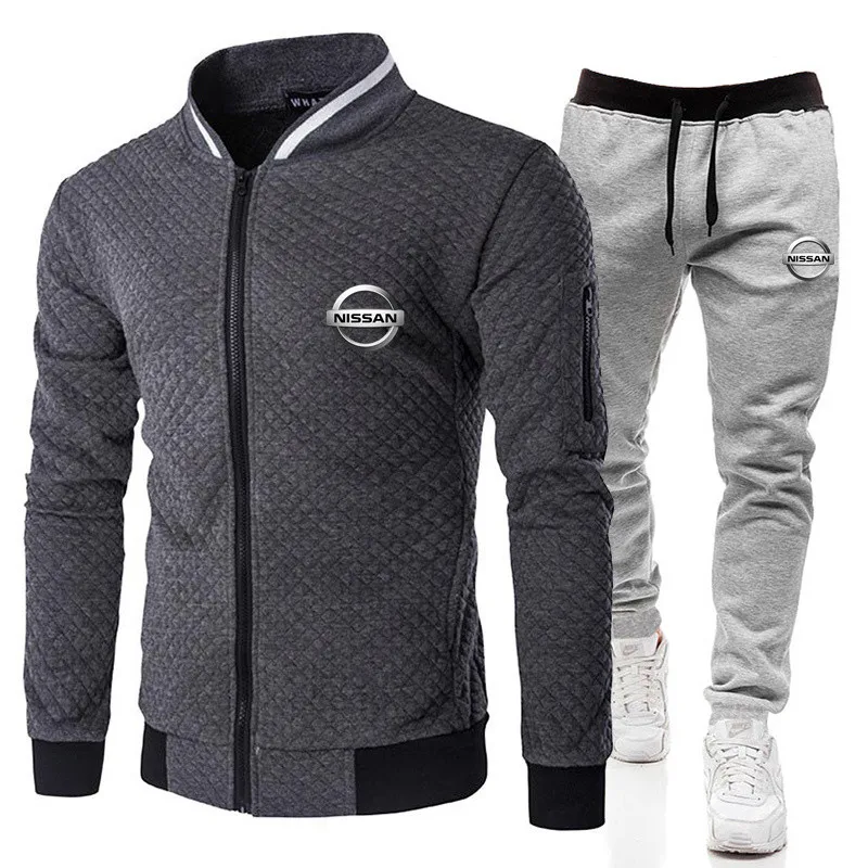 

2021 fashion sports Nissan logo brand printing zipper shirt + trousers suit men's clothing slim sportswear 2-piece set