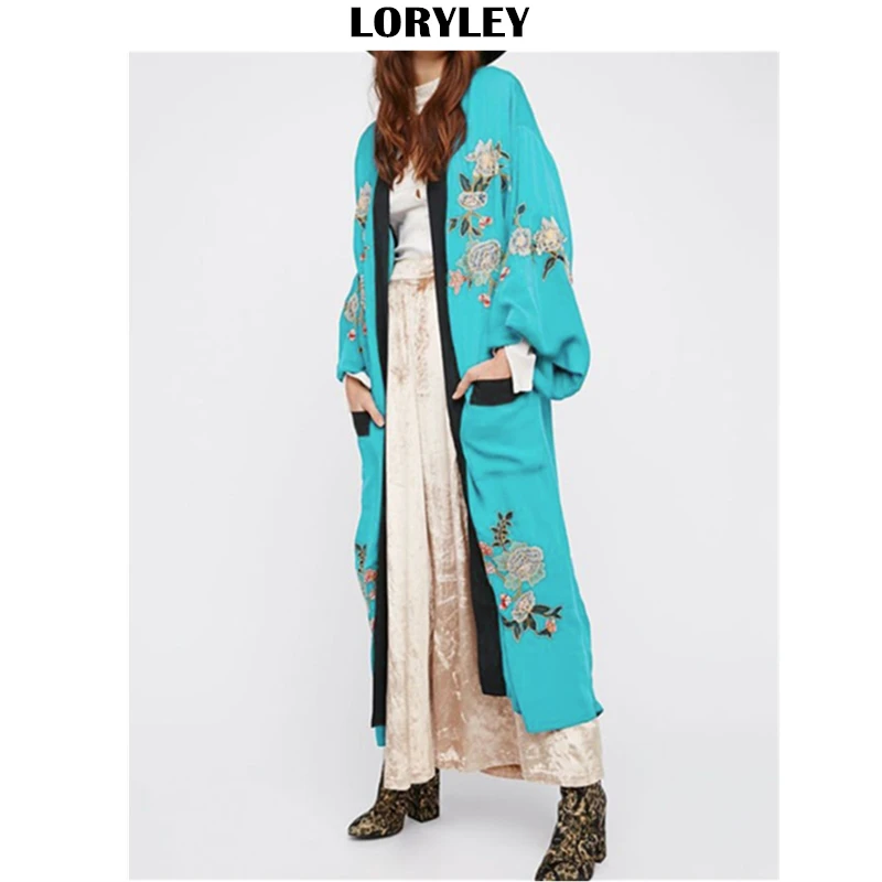 2021 озерно-голубой в богемном стиле с вышивкой Платье-кимоно длинными рукавами