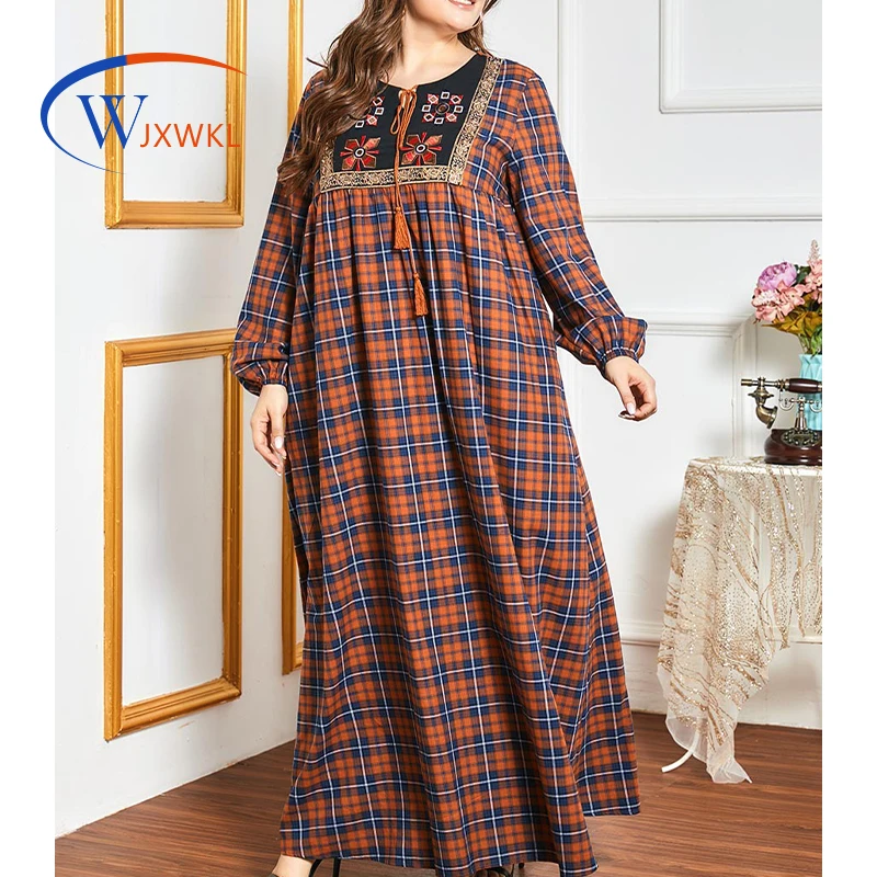 

WJXWKL 2021 Plus Size Women's Plaid Printed Ethnic Embroidered Long Sleeve Casual Patchwork Large Swing Muslim Long Dress