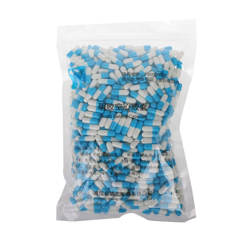 

1000Pcs Blue-white Empty Hard Gelatin Capsule Size Medicine Pill Capsule Vitamins Personal Health Care Pill Cases Splitters