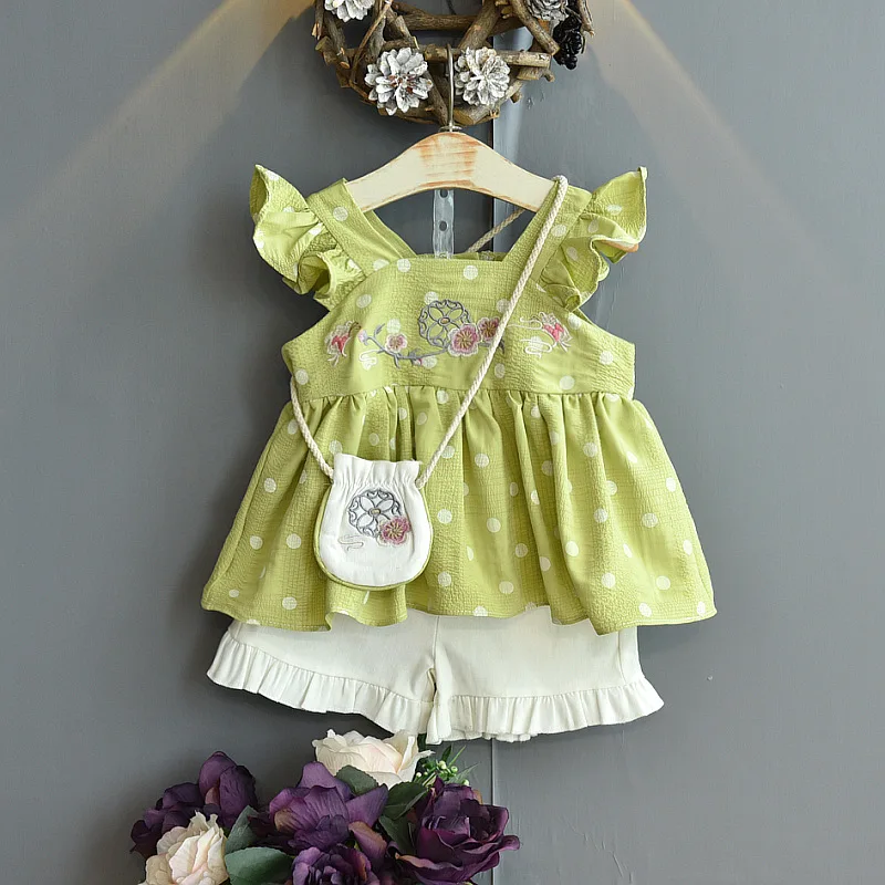 

2022 Summer Clothing Sets Toddler Girls Clothes Embroidered Flying Sleeve Top+Shorts Suit Outfits Children Clothing