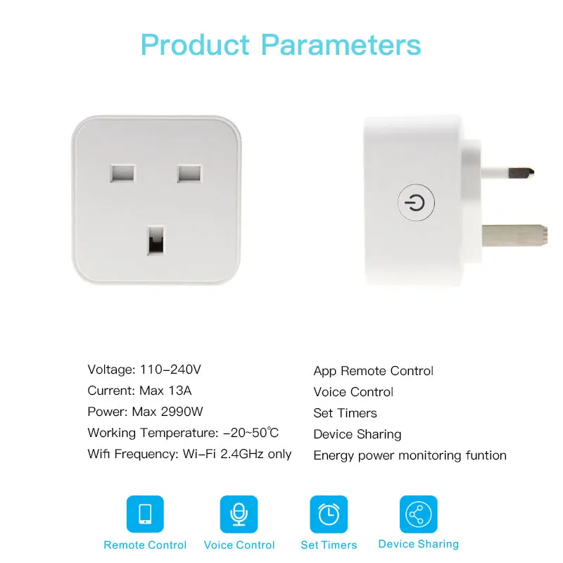 

13A Wifi EU Smart Plug with Power Monitor wifi Wireless Smart Socket Outlet with Google Home Alexa Voice Control