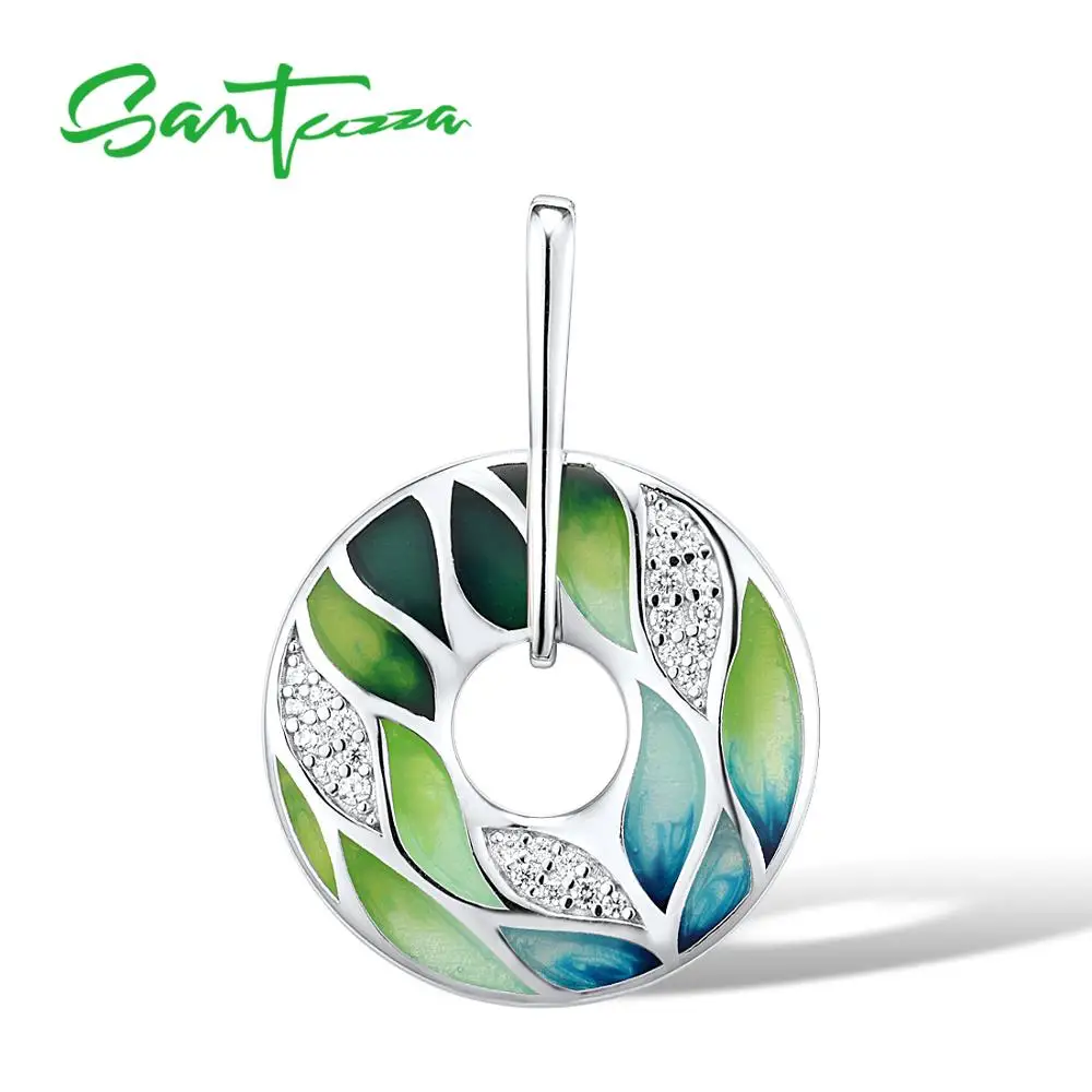 

SANTUZZA Silver Pendant For Women Genuine 925 Sterling Silver Green Bamboo leaves Luminous CZ Trendy Jewelry Handmade Enamel