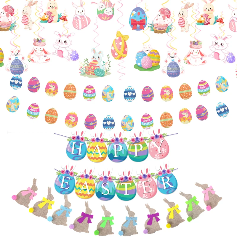 

Happy Easter Banner Easter Eggs Rabbit Carrot Flag Ornaments DIY Wall Hanging Garland Easter Party Decoration spring Home Decor