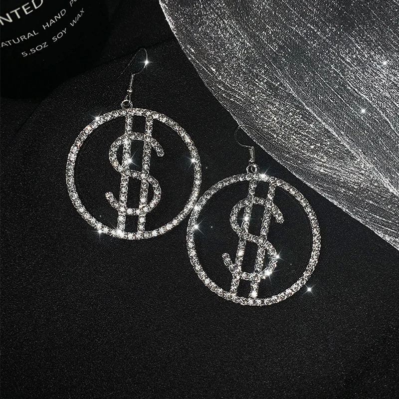 Уникальный дизайн доллар США Деньги $ падение кристалл серьги для женщин круглые