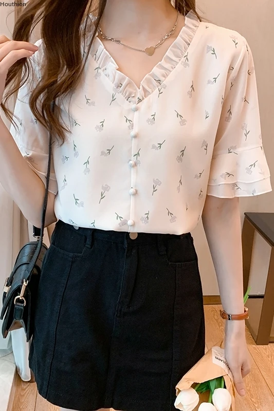 

Houthion Women's Blouses New Casual Blouse Floral V-neck Ruffle Buttons Shirt Fashion Short Sleeve Top Summer Chiffon Slim Tops