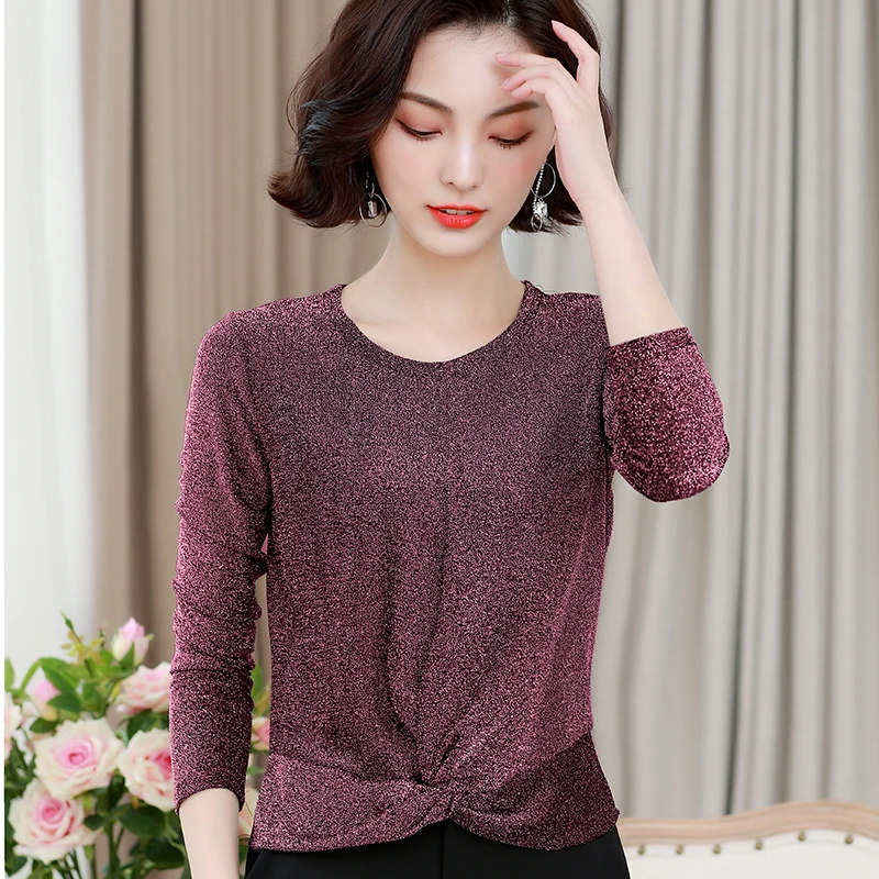 Мода люрекс блузка женские рубашки с длинным рукавом в Корейском стиле блестящие