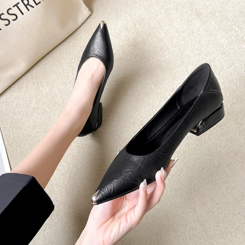 

2021 New British Style Pointed Toe Small Leather Shoes Metal Toe Two Wear Thick Heel Single Shoes Women Casual Work Shoes