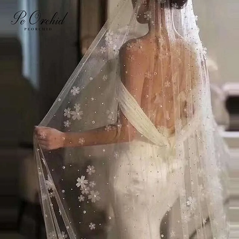 

PEORCHID Fairy Pearls Bridal Veil With Flowers Long 3m Veil Wedding For Bride One Layer Catherdral Floral Veil With Comb