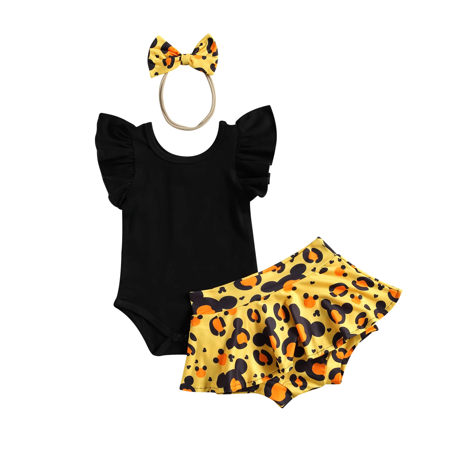 

Комплект одежды для новорожденных девочек 0-24 мес., 3 шт., комбинезон с оборками и рукавами-фонариками, топы, брюки с леопардовым принтом, шорт...