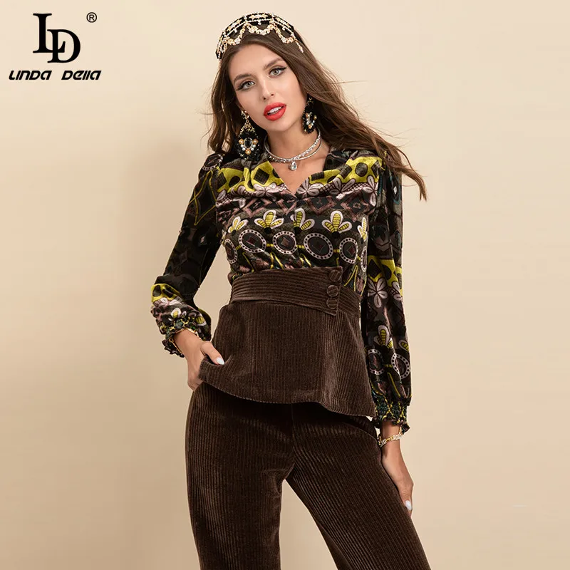 

LD LINDA DELLA New 2021 Summer Fashion 2 Pieces Corduroy Pants Set Women Long sleeve Print Tops＋High waist Solid Pants Suits