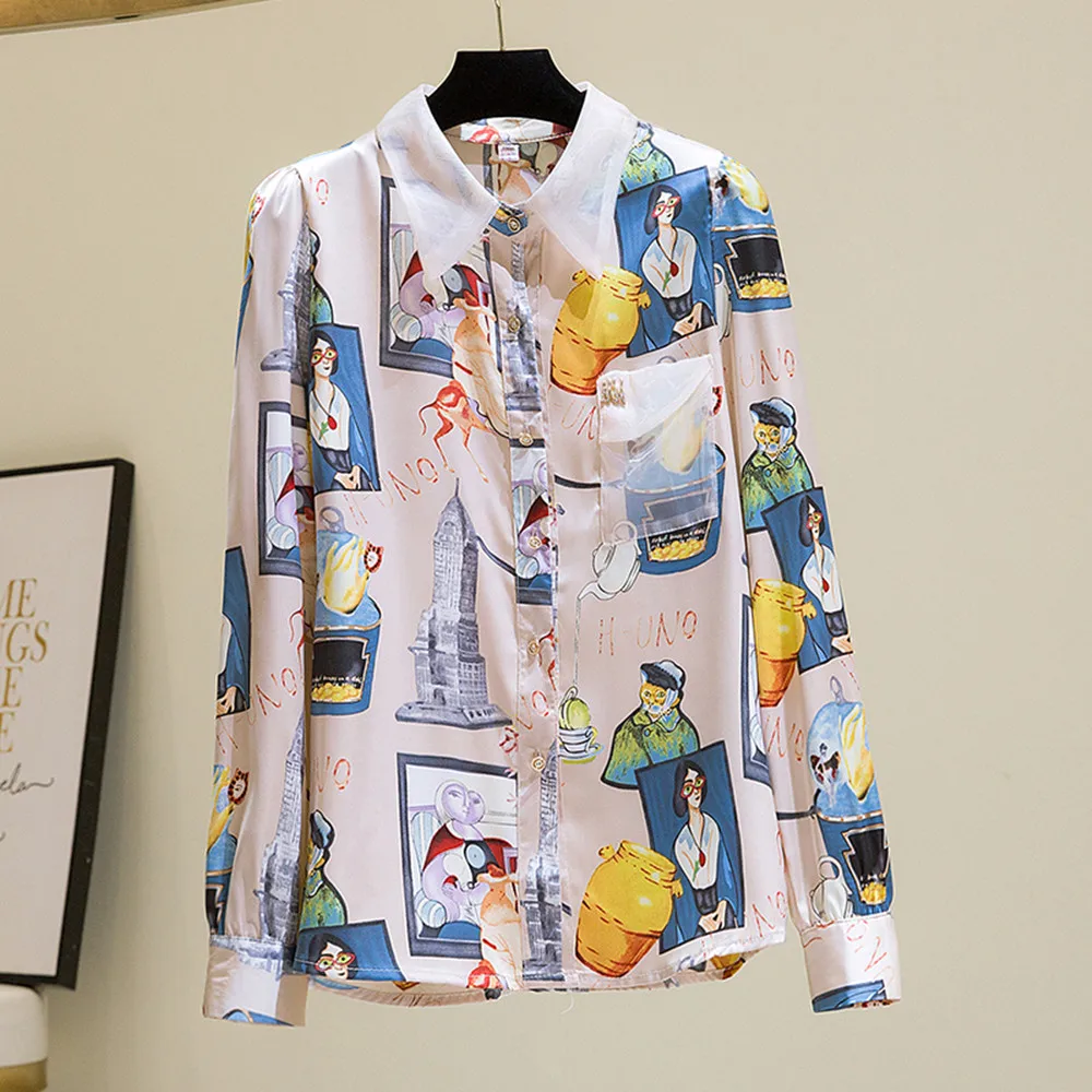 

Женская шифоновая рубашка с длинным рукавом и мультяшным принтом