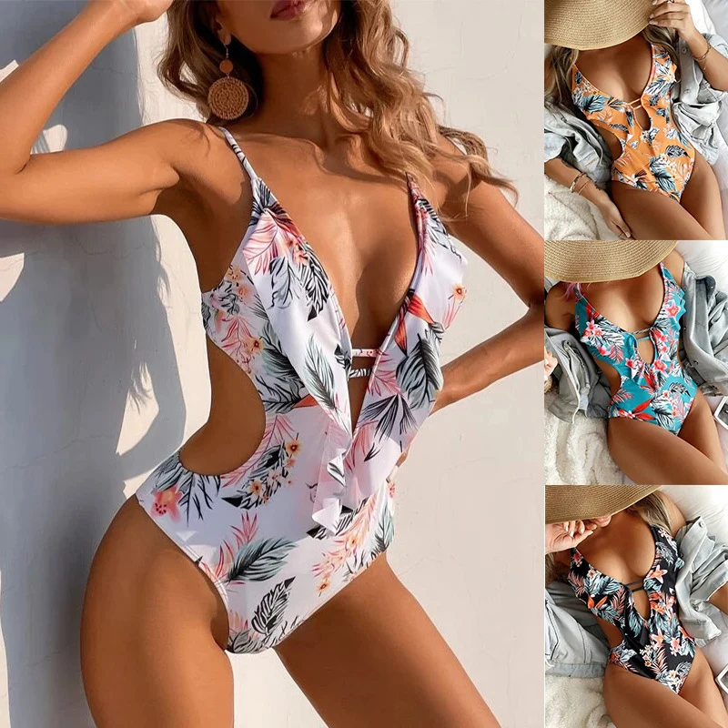 

Женский слитный купальник с глубоким V-образным вырезом, купальник с оборками и цветочным принтом, сексуальный купальник монокини на бретел...