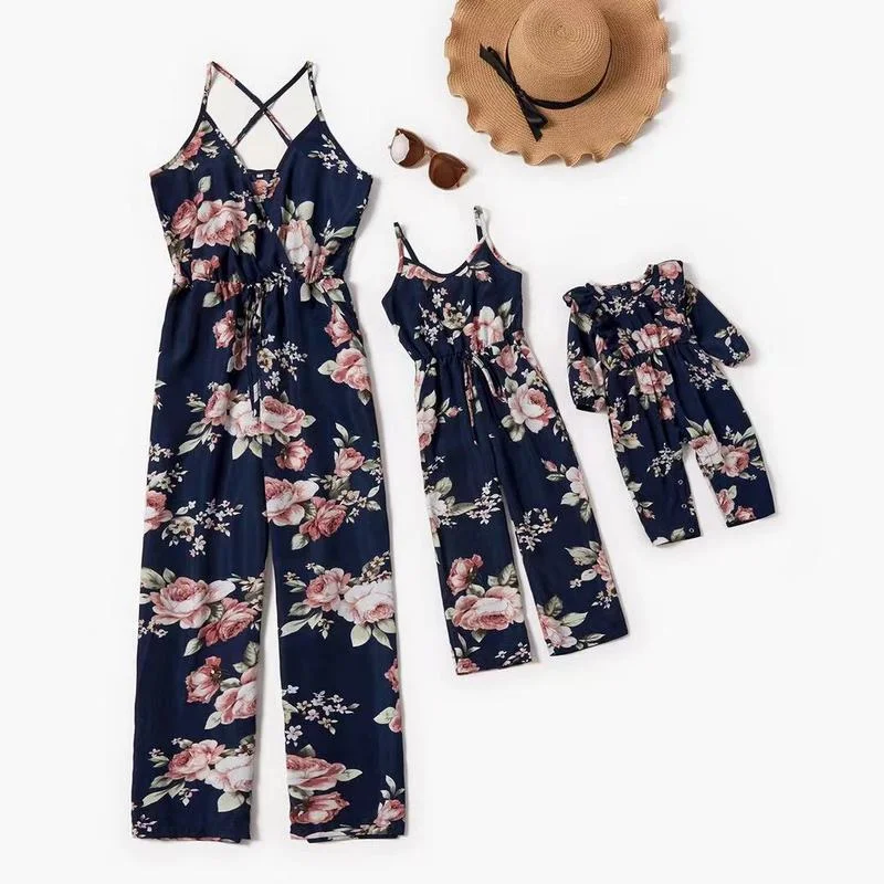 

Summer New Female and Female Children's V-neck Sling Print Fashion Jumpsuit Girls Loose Comfortable Parent-child Clothes QZ13