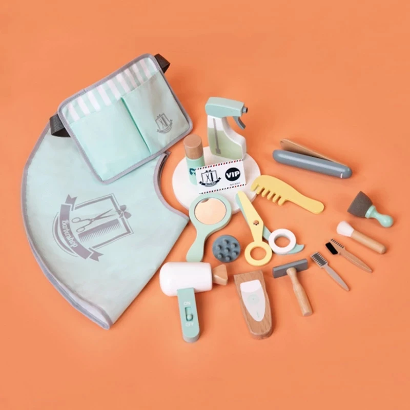 Pretend Play Makeup Kit Wooden Simulation Hairdressing Tools Pretend Haircut Toys Hair Dryer Comb Role play Interact Game Gifts