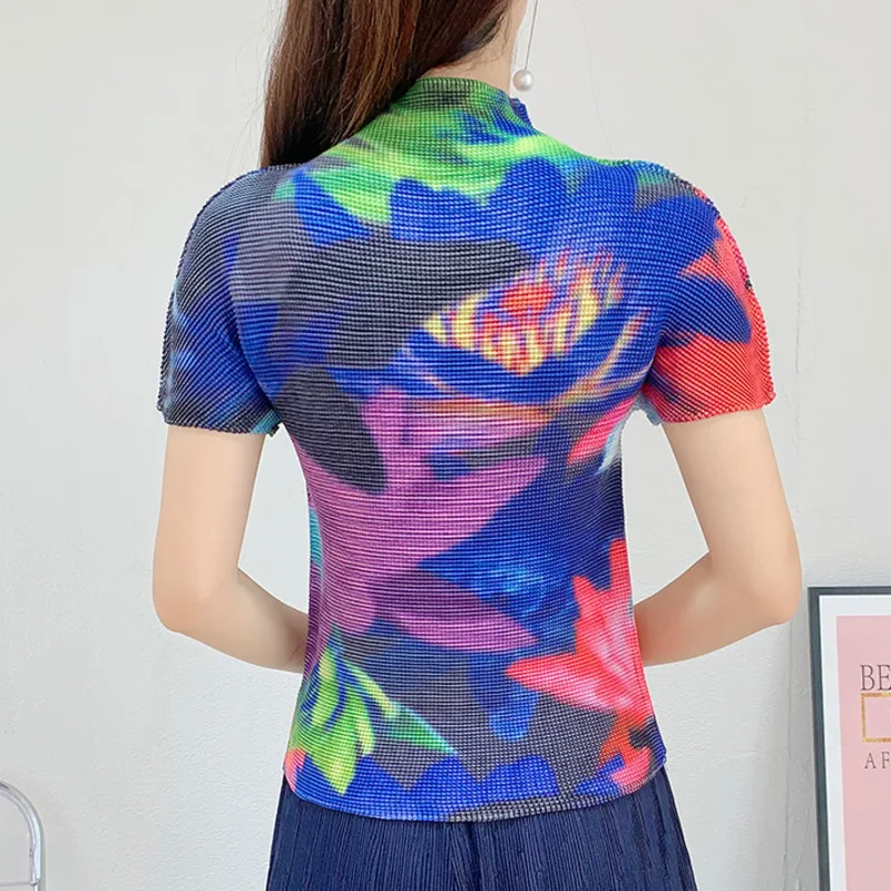 

LANMREM Pleated Short Sleeve T-shirt Women 2021 Summer New High Collar Slim Printing Contrast Color Korean Version Top 2D3952